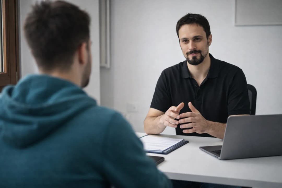 Il dottor salicandro mentre ascolta i problemi del paziente e spiega come procederanno davanti alla scrivania